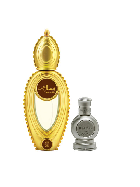 

Ajmal Set of 2 Wisal Dhahab EDP Fruity Floral Perfume & Musk Rose CP Oil Floral Attar, Multi