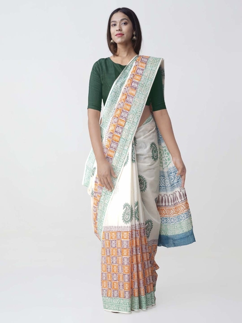 

Unnati Silks Off-White & Green Pure Cotton Printed Kasavu Saree