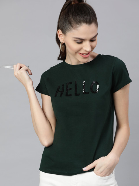 

STREET 9 Women Green Printed Sequinned Round Neck T-shirt