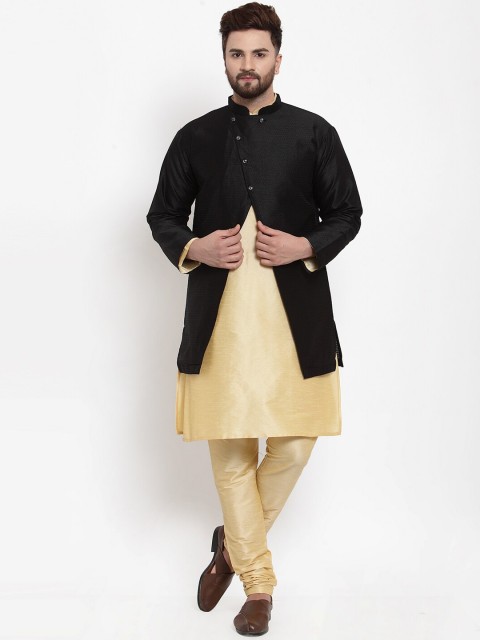 

Benstoke Men Beige & Black Solid Kurta with Churidar & Jacket