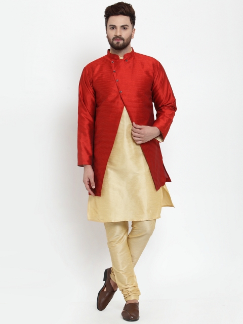 

Benstoke Men Gold-Coloured & Maroon Self Design Kurta with Churidar