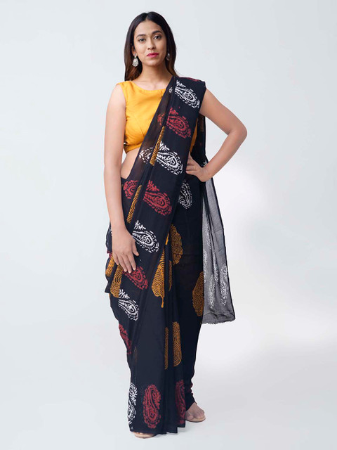 

Unnati Silks Navy Blue & Off-White Pure Mulmul Cotton Printed Kota Saree