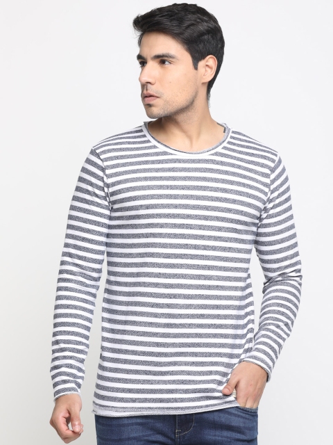 

Masculino Latino Men Grey Melange & White Striped Round Neck T-shirt
