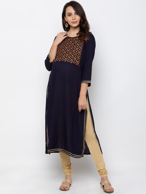 

MomToBe Women Navy Blue Yoke Design Maternity Straight Kurta