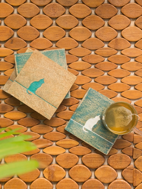 

ExclusiveLane Set Of 4 Brown & Blue Antique Finish Handcrafted Mango Wood Coasters