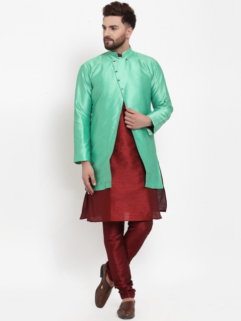 

Benstoke Men Maroon & Green Self Design Kurta with Churidar & Achkan