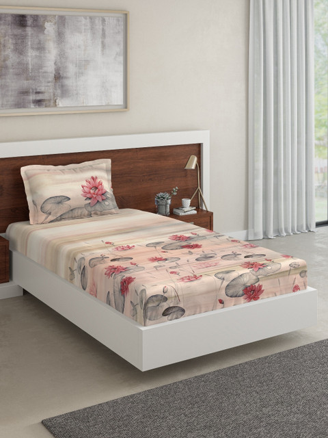 

DDecor Red & Beige Floral 140 TC Cotton 1 Single Bedsheet with 1 Pillow Covers