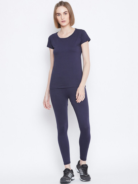 

ALIZA Women Navy Blue Solid Yoga Workout Active T-shirt with Leggings