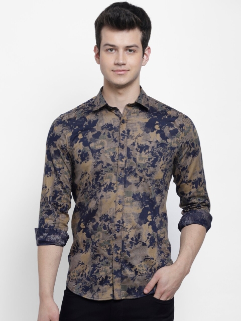 

cape canary Men Navy Blue & Mustard Regular Fit Printed Casual Shirt