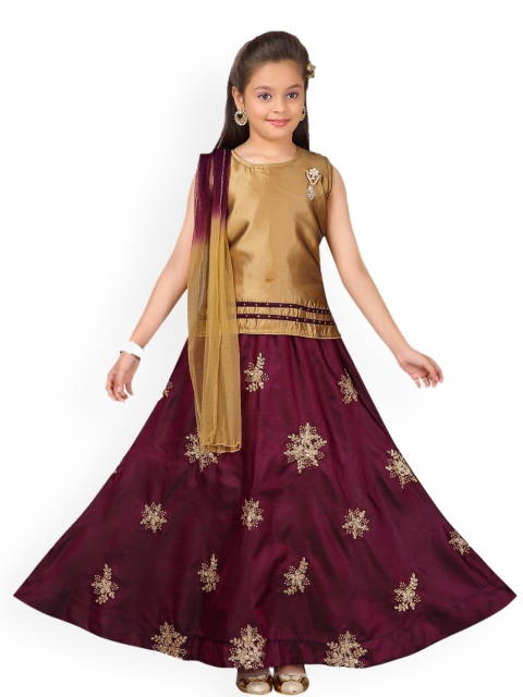 

Aarika Girls Gold-Toned & Burgundy Solid Ready to Wear Pattu Pavadai with Dupatta