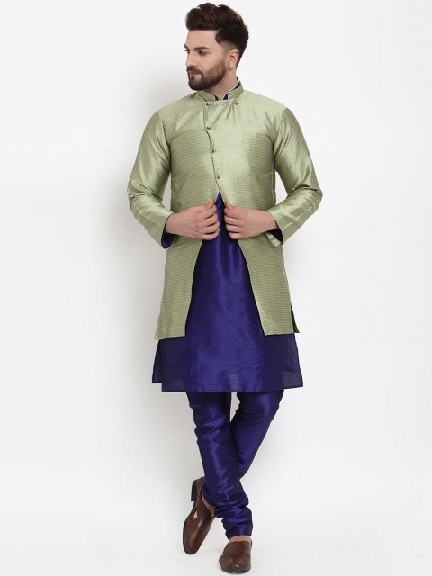 

Benstoke Men Navy Blue & Green Solid Kurta with Churidar & Ethnic Jacket