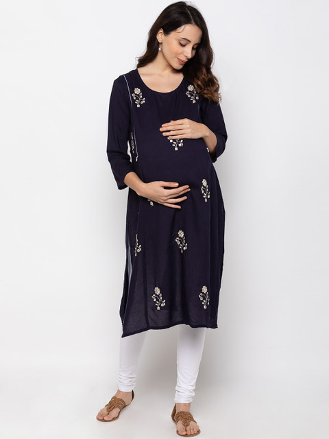 

MomToBe Women Navy Blue Embroidered Maternity Straight Kurta