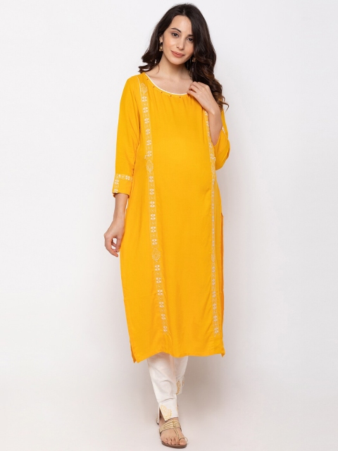 

MomToBe Women Yellow Embroidered Maternity Kurta with Trousers
