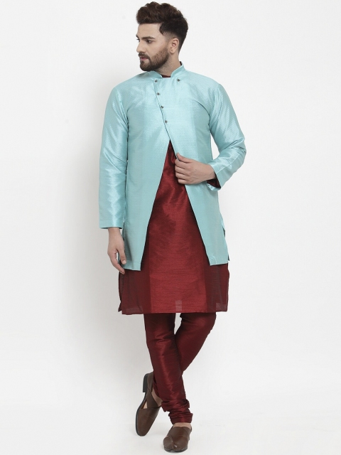 

Benstoke Men Maroon & Blue Solid Dupion Silk Kurta with Churidar & Jacket