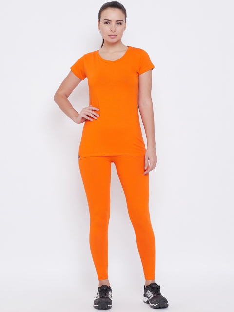 

ALIZA Women Orange Solid Active Wear T-shirt with Leggings