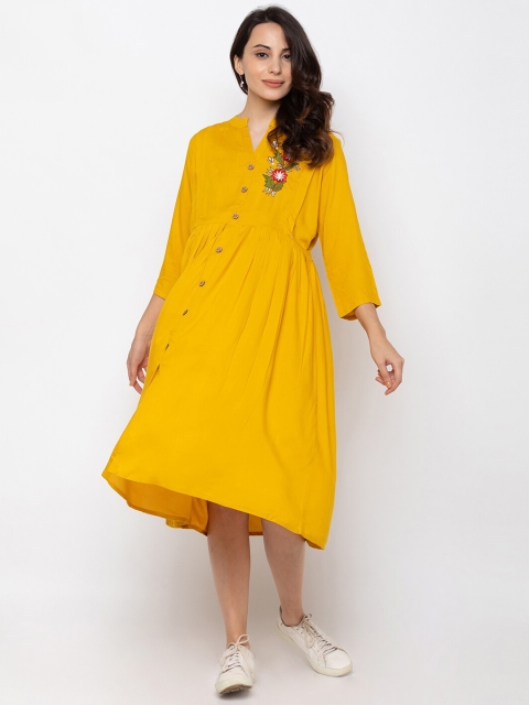 

MomToBe Women Yellow Floral Embroidered Maternity Fit and Flare Dress