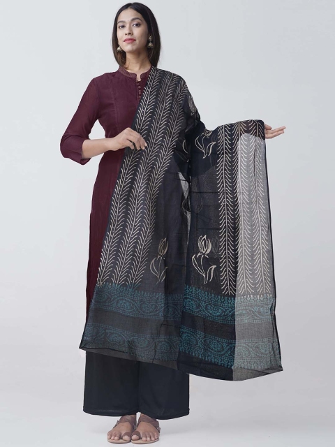 

Unnati Silks Black & Blue Hand Block Print Cotton Dupatta