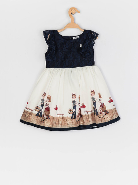 

Peppermint Girls Navy Blue & Off-White Printed Fit and Flare Dress