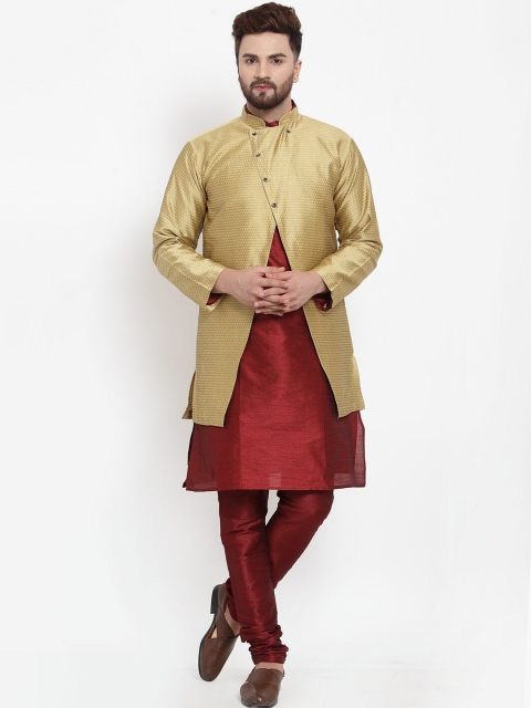 

Benstoke Men Maroon & Gold-Toned Self Design Kurta with Churidar