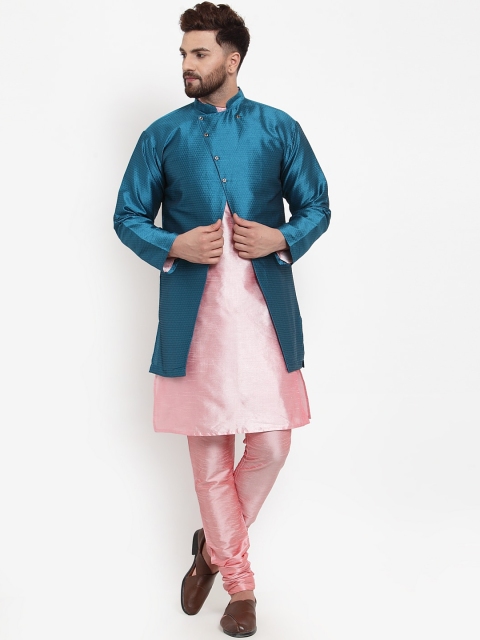 Benstoke Men Pink & Sea Green Solid Kurta with Churidar & Jacket