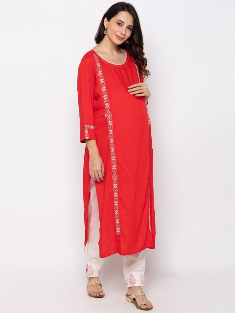 

MomToBe Women Red & White Embroidered Maternity & Feeding Kurta with Trousers