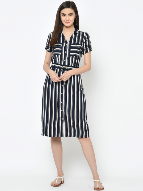 

Latin Quarters Women Navy Blue & Off-White Variegated Stripes Shirt Dress