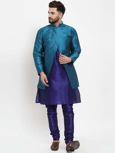 

Benstoke Men Blue & Green Solid Kurta Pyjama with Sherwani