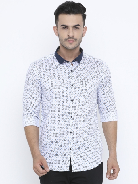 

WITH Men White & Navy Blue Slim Fit Printed Casual Shirt