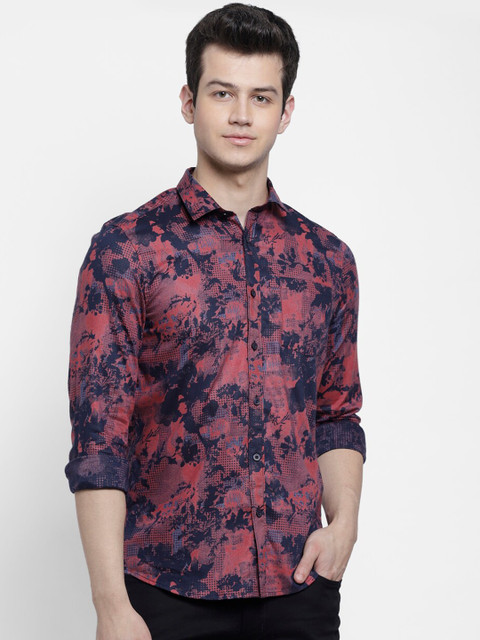 

cape canary Men Pink & Navy Blue Regular Fit Printed Casual Shirt