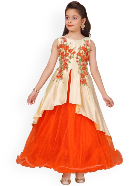 

Aarika Girls Orange & Cream-Coloured Embroidered Maxi Dress