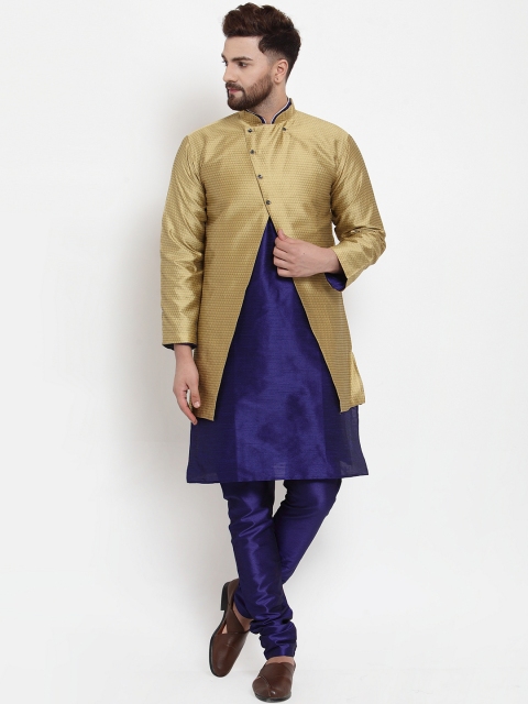 

Benstoke Men Blue & Gold-Toned Solid Kurta with Churidar & Sherwani