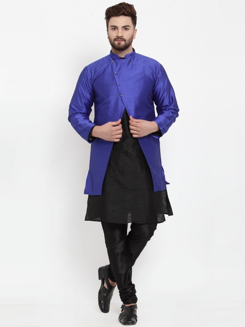 

Benstoke Men Black & Blue Self Design Kurta with Churidar & Achkan