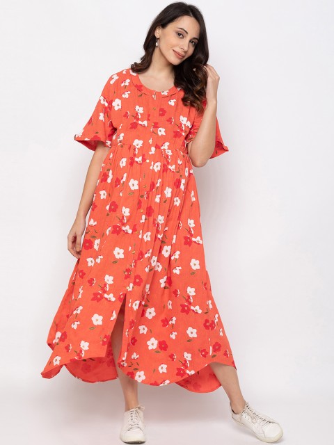 

MomToBe Women Maternity Peach-Coloured & White Floral Printed Maxi Dress