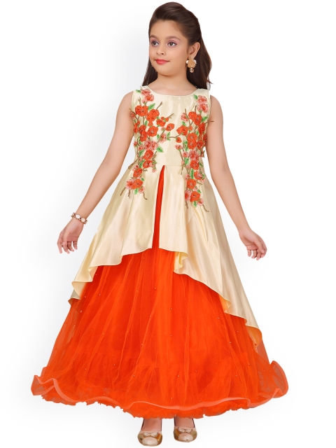

Aarika Girls Orange & Cream Self Design Maxi Dress