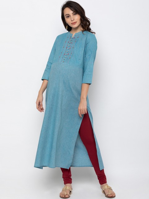 

MomToBe Women Blue Yoke Design Straight Maternity Kurta