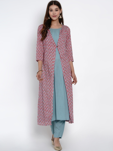 

SIAH Women Teal Blue & Red Solid Kurta with Trousers & Jacket