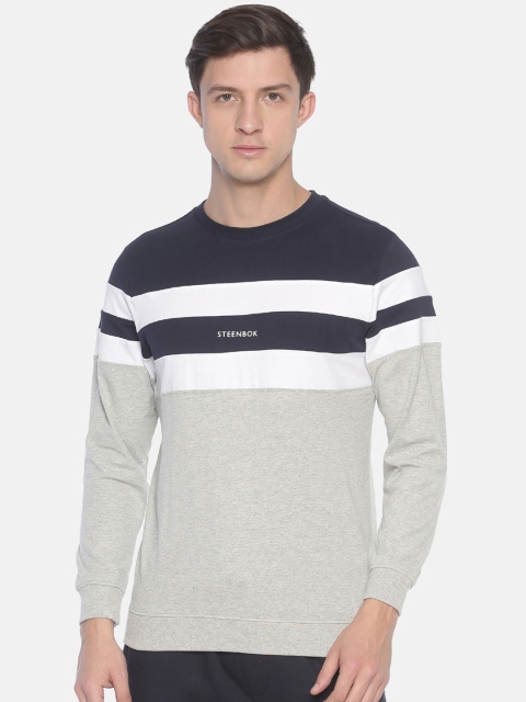 

Steenbok Men Grey & Navy Blue Colourblocked Sweatshirt