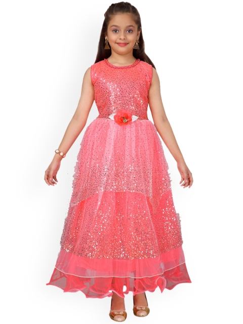 Aarika Girls Coral Red & Silver-Coloured Embellished Maxi Dress