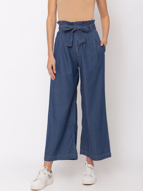 

TARAMA Women Navy Blue Wide Leg High-Rise Clean Look Jeans