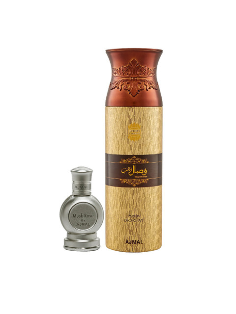 

Ajmal Unisex Set of 2 Musk Rose CP Attar 12ML & Wisal Dhahab Deodarant Body Spray 200ml, Multi