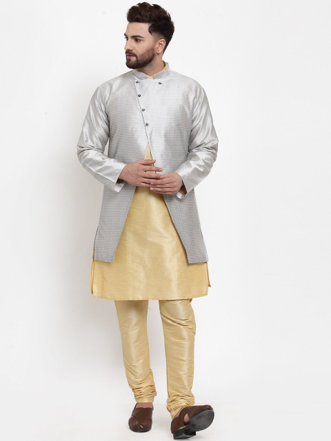 

Benstoke Men Gold-Toned & Silver-Toned Solid Kurta with Churidar & Achkan