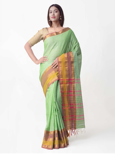 

Unnati Silks Green Pure Cotton Woven Design Handloom Narayan Peth Saree