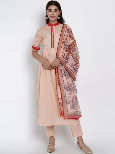 

SIAH Women Peach-Coloured Solid Kurta with Trousers & Dupatta