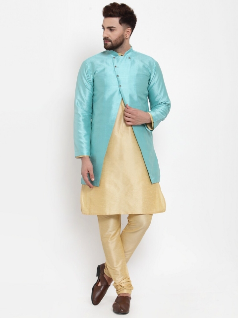 

Benstoke Men Gold & Turquoise Blue Solid Kurta with Churidar