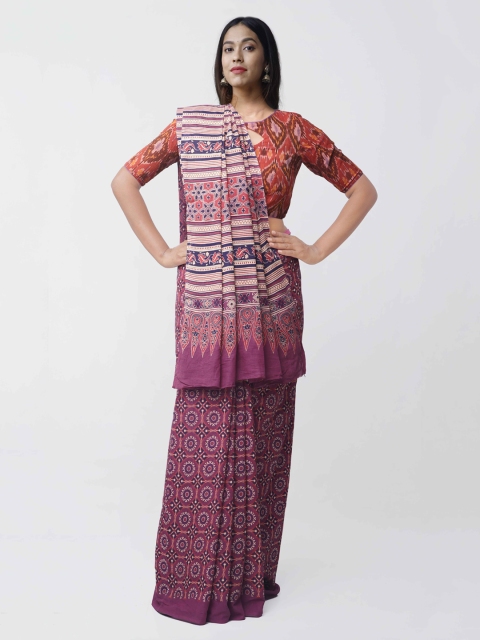 

Unnati Silks Burgundy Ajrak Print Pure Mulmul Cotton Saree