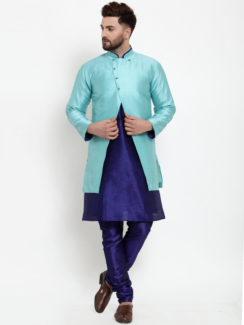 

Benstoke Men Blue & Green Solid Kurta Pyjama with Sherwani