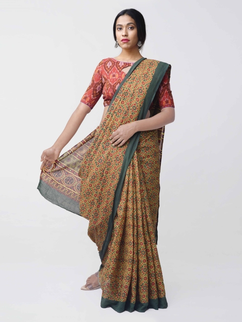 

Unnati Silks Green & Orange Pure Mulmul Cotton Ajrakh Printed Saree