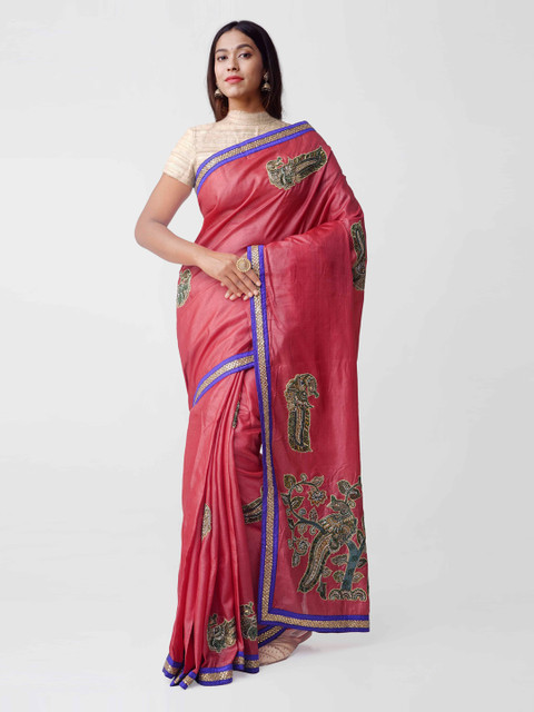 

Unnati Silks Red Pure Handloom Kerala Tussar Silk Hand Woven Embroiderd Saree