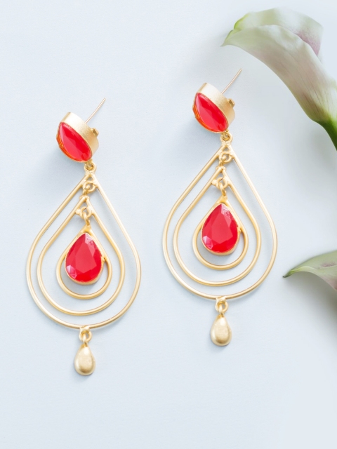 

Golden Peacock Red & Gold-Plated Teardrop Shaped Drop Earrings