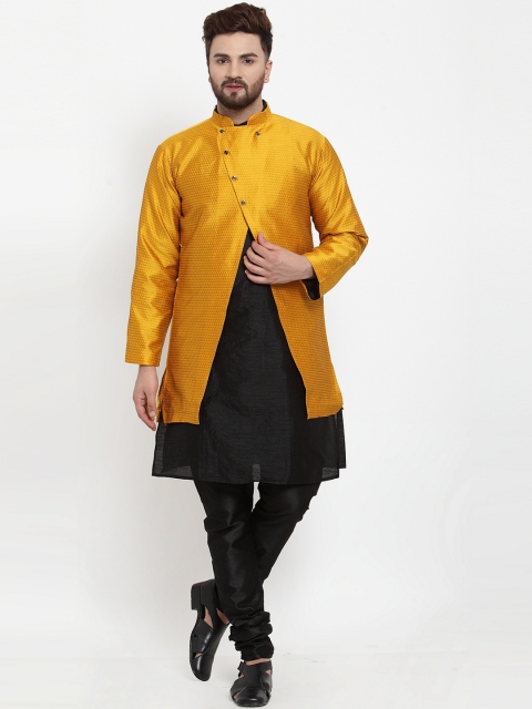 

Benstoke Men Black & Gold-Coloured Self Design Kurta with Churidar
